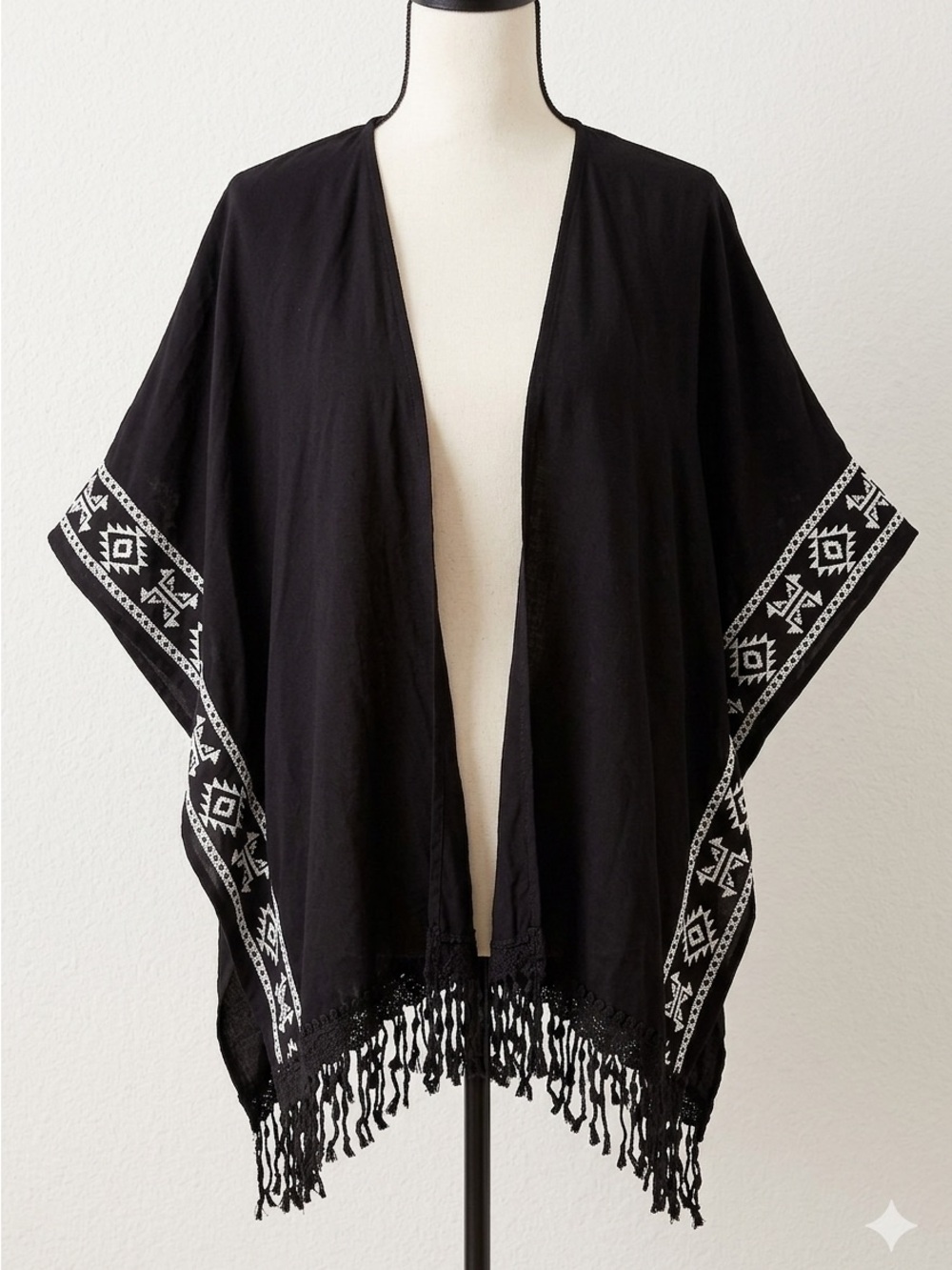 No Boundaries Black Open Front Fringe Kimono with White Aztec Trim
